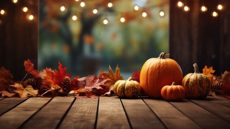 Festive autumn composition decor. Fresh fall, dried maple and leaves on wooden vintage table. Concept of Thanksgiving day seasonal natural scene. Flat lay, top view, copy space. Generative AIの素材