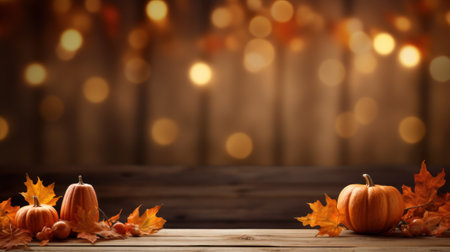 Festive autumn composition decor. Fresh fall, dried maple and leaves on wooden vintage table. Concept of Thanksgiving day seasonal natural scene. Flat lay, top view, copy space. Generative AIの素材