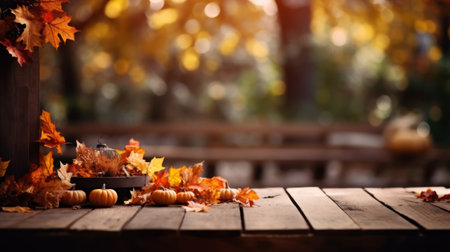 Festive autumn composition decor. Fresh fall, dried maple and leaves on wooden vintage table. Concept of Thanksgiving day seasonal natural scene. Flat lay, top view, copy space. Generative AIの素材