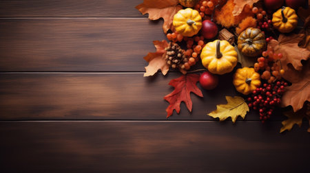 Festive autumn composition decor. Fresh fall, dried maple and leaves on wooden vintage table. Concept of Thanksgiving day seasonal natural scene. Flat lay, top view, copy space. Generative AIの素材