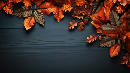 Festive autumn composition decor. Fresh fall, dried maple and leaves on wooden vintage table. Concept of Thanksgiving day seasonal natural scene. Flat lay, top view, copy space. Generative AIの素材