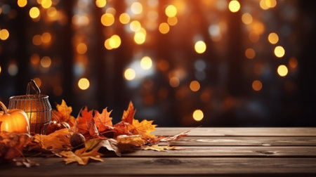 Festive autumn decoration with maple leaves on wooden vintage table and blurred garden light background. Concept of Thanksgiving day or Halloween seasonal natural scene. Generative AIの素材