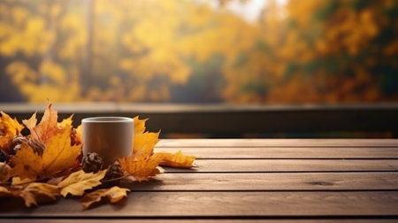 Festive autumn decoration with coffee cup, maple leaves on wooden vintage table and blurred garden light background. Concept of Thanksgiving day or Halloween seasonal natural scene. Generative AIの素材