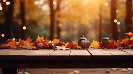 Festive autumn decoration with maple leaves on wooden vintage table and blurred garden light background. Concept of Thanksgiving day or Halloween seasonal natural scene. Generative AIの素材