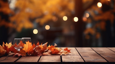 Festive autumn decoration with maple leaves on wooden vintage table and blurred garden light background. Concept of Thanksgiving day or Halloween seasonal natural scene. Generative AIの素材