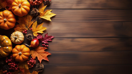 Festive autumn composition decor. Fresh fall, dried maple and leaves on wooden vintage table. Concept of Thanksgiving day seasonal natural scene. Flat lay, top view, copy space. Generative AIの素材