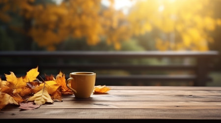 Festive autumn decoration with coffee cup, maple leaves on wooden vintage table and blurred garden light background. Concept of Thanksgiving day or Halloween seasonal natural scene. Generative AIの素材