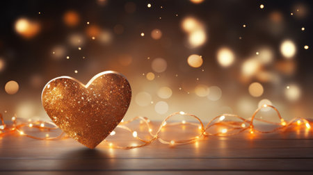 3D Heart shape on gold light blurred for Valentine's day, birthday party, women's, mother's day, celebrate anniversary, weddings. Festive season decorations elements presentation. Generative AIの素材