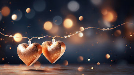 3D Heart shape on gold light blurred for Valentine's day, birthday party, women's, mother's day, celebrate anniversary, weddings. Festive season decorations elements presentation. Generative AIの素材