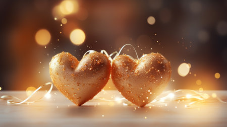 3D Heart shape on gold light blurred for Valentine's day, birthday party, women's, mother's day, celebrate anniversary, weddings. Festive season decorations elements presentation. Generative AIの素材