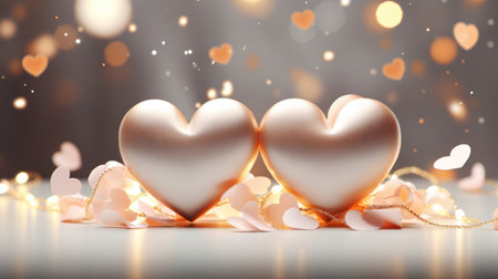 3D Heart shape on gold light blurred for Valentine's day, birthday party, women's, mother's day, celebrate anniversary, weddings. Festive season decorations elements presentation. Generative AIの素材