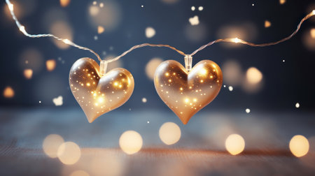3D Heart shape on gold light blurred for Valentine's day, birthday party, women's, mother's day, celebrate anniversary, weddings. Festive season decorations elements presentation. Generative AIの素材