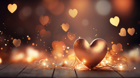 3D Heart shape on gold light blurred for Valentine's day, birthday party, women's, mother's day, celebrate anniversary, weddings. Festive season decorations elements presentation. Generative AIの素材