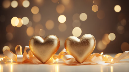 3D Heart shape on gold light blurred for Valentine's day, birthday party, women's, mother's day, celebrate anniversary, weddings. Festive season decorations elements presentation. Generative AIの素材