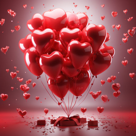 3D heart air balloons with gift boxes for Valentine's day, birthday party, women's, mother's day, celebrate anniversary, weddings. Festive season decorations elements concept. Generative AIの素材