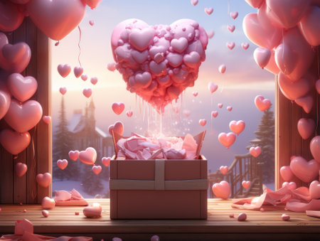 3D heart air balloons with gift boxes for Valentine's day, birthday party, women's, mother's day, celebrate anniversary, weddings. Festive season decorations elements concept. Generative AIの素材