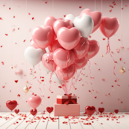3D heart air balloons with gift boxes for Valentine's day, birthday party, women's, mother's day, celebrate anniversary, weddings. Festive season decorations elements concept. Generative AIの素材