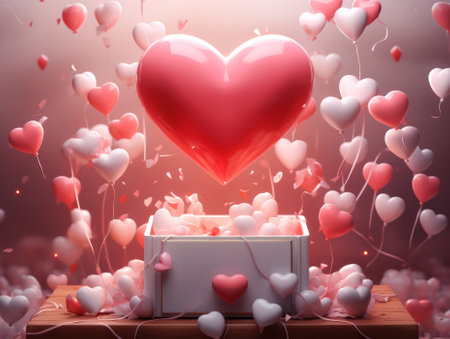 3D heart air balloons with gift boxes for Valentine's day, birthday party, women's, mother's day, celebrate anniversary, weddings. Festive season decorations elements concept. Generative AIの素材