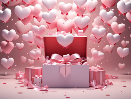 3D heart air balloons with gift boxes for Valentine's day, birthday party, women's, mother's day, celebrate anniversary, weddings. Festive season decorations elements concept. Generative AIの素材