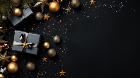 Merry Christmas and Happy New Year. Flat lay black christmas concept design of ornaments and decorative. Happy Holidays festive realistic for poster, banner, brochure. Generative AIの素材