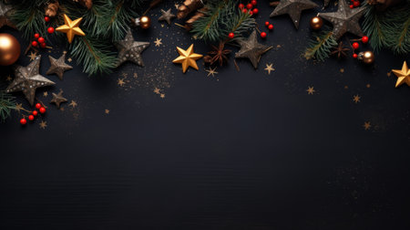 Merry Christmas and Happy New Year. Flat lay black christmas concept design of ornaments and decorative. Happy Holidays festive realistic for poster, banner, brochure. Generative AIの素材