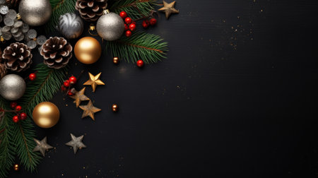 Merry Christmas and Happy New Year. Flat lay black christmas concept design of ornaments and decorative. Happy Holidays festive realistic for poster, banner, brochure. Generative AIの素材