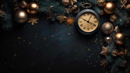 Merry Christmas and Happy New Year. Flat lay black christmas concept design of ornaments and decorative. Happy Holidays festive realistic for poster, banner, brochure. Generative AIの素材