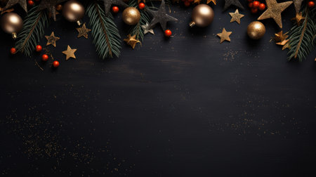 Merry Christmas and Happy New Year. Flat lay black christmas concept design of ornaments and decorative. Happy Holidays festive realistic for poster, banner, brochure. Generative AIの素材