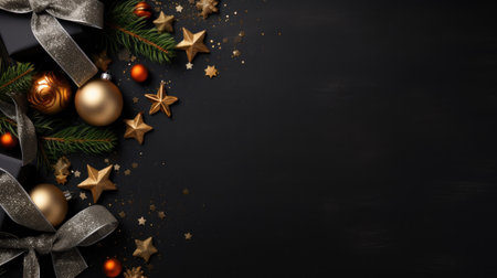 Merry Christmas and Happy New Year. Flat lay black christmas concept design of ornaments and decorative. Happy Holidays festive realistic for poster, banner, brochure. Generative AIの素材