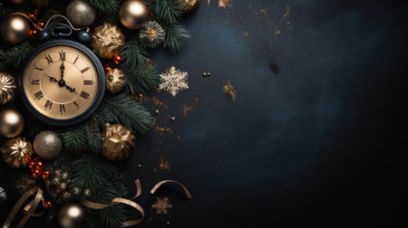 Merry Christmas and Happy New Year. Flat lay black christmas concept design of ornaments and decorative. Happy Holidays festive realistic for poster, banner, brochure. Generative AIの素材
