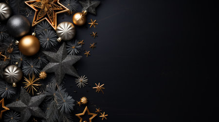 Merry Christmas and Happy New Year. Flat lay black christmas concept design of ornaments and decorative. Happy Holidays festive realistic for poster, banner, brochure. Generative AIの素材