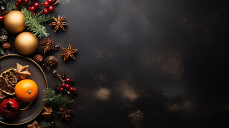 Merry Christmas and Happy New Year. Flat lay black christmas concept design of ornaments and decorative. Happy Holidays festive realistic for poster, banner, brochure. Generative AIの素材