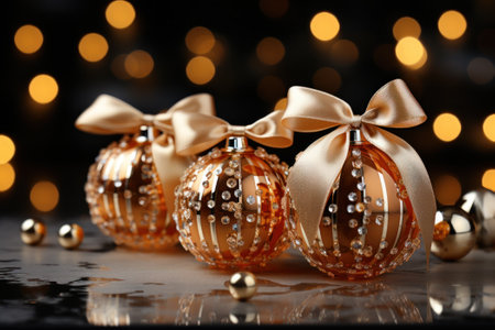 Christmas and New year holidays concept. Elegant christmas balls with decorate elements on luxury backdrop. Festive winter season with christmas ornament for banner, ads and poster. Generative aiの素材