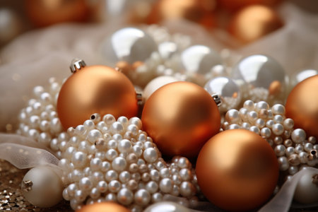 Christmas and New year holidays concept. Elegant christmas balls with decorate elements on luxury backdrop. Festive winter season with christmas ornament for banner, ads and poster. Generative aiの素材