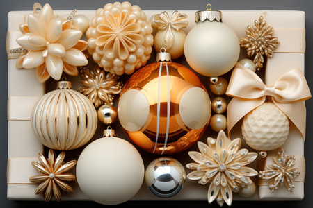 Christmas and New year holidays concept. Elegant christmas balls with decorate elements on luxury backdrop. Festive winter season with christmas ornament for banner, ads and poster. Generative aiの素材