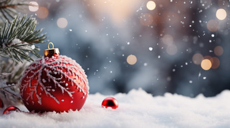Christmas and New year holidays concept. Christmas Balls on snowy and tree backdrop. Festive winter season with christmas ornament decoration for banner, ads and poster. Generative aiの素材