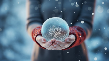 Christmas and New year holidays concept. Christmas Balls on hand and snowy. Festive winter season with christmas ornament decoration for banner, ads and poster. Generative aiの素材