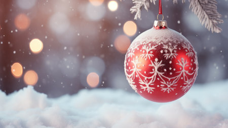 Christmas and New year holidays concept. Christmas Balls on snowy and tree backdrop. Festive winter season with christmas ornament decoration for banner, ads and poster. Generative aiの素材