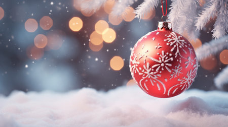 Christmas and New year holidays concept. Christmas Balls on snowy and tree backdrop. Festive winter season with christmas ornament decoration for banner, ads and poster. Generative aiの素材