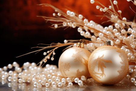 Christmas and New year holidays concept. Elegant christmas balls with decorate elements on luxury backdrop. Festive winter season with christmas ornament for banner, ads and poster. Generative aiの素材