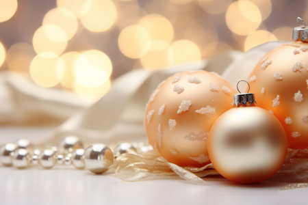 Christmas and New year holidays concept. Elegant christmas balls with decorate elements on luxury backdrop. Festive winter season with christmas ornament for banner, ads and poster. Generative aiの素材