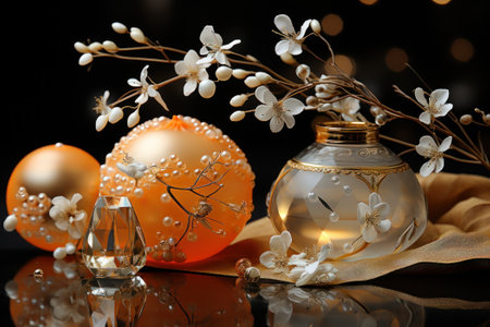 Christmas and New year holidays concept. Elegant christmas balls with decorate elements on luxury backdrop. Festive winter season with christmas ornament for banner, ads and poster. Generative aiの素材