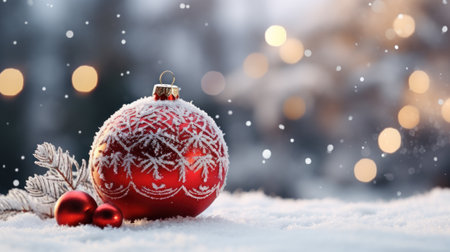 Christmas and New year holidays concept. Christmas Balls on snowy and tree backdrop. Festive winter season with christmas ornament decoration for banner, ads and poster. Generative aiの素材
