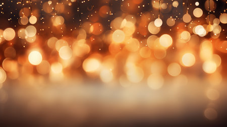 Golden sparkle glitter with Gold bokeh effect and selective defocus backdrop. Festive luxury background with bright gold lights christmas mood concept for banner, ads and poster. Generative aiの素材