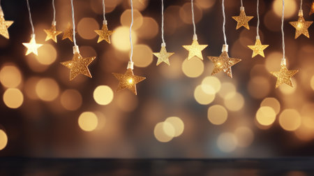 Golden sparkle glitter with Gold bokeh effect and selective defocus backdrop. Festive luxury background with bright gold lights christmas mood concept for banner, ads and poster. Generative aiの素材
