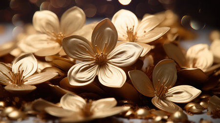 Luxury wallpaper golden flower. Abstract vintage flower design, mural art, gold nature wall art design shiny golden light texture. For design textiles, prints, wallpapers, posters. Generative AIの素材