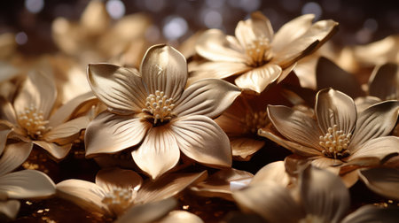 Luxury wallpaper golden flower. Abstract vintage flower design, mural art, gold nature wall art design shiny golden light texture. For design textiles, prints, wallpapers, posters. Generative AIの素材