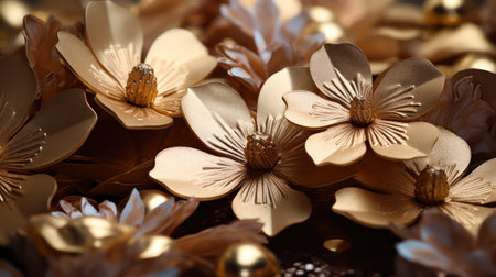 Luxury wallpaper golden flower. Abstract vintage flower design, mural art, gold nature wall art design shiny golden light texture. For design textiles, prints, wallpapers, posters. Generative AIの素材