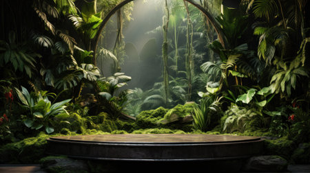 Empty Nature Podium in tropical forest background, sunlight filtering through the leaves made of natural for advertising and product presentation beauty cosmetic, food or perfume. Generative AIの素材