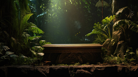 Empty Nature Podium in tropical forest background, sunlight filtering through the leaves made of natural for advertising and product presentation beauty cosmetic, food or perfume. Generative AIの素材